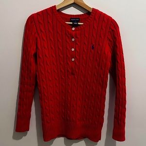 Ralph Lauren Red Cable Knit Sweater Half Button Up